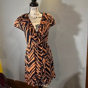 Needle & Thread Sm Chiffon Coral and Navy Zebra Print V Neck Dress with Ruffles.